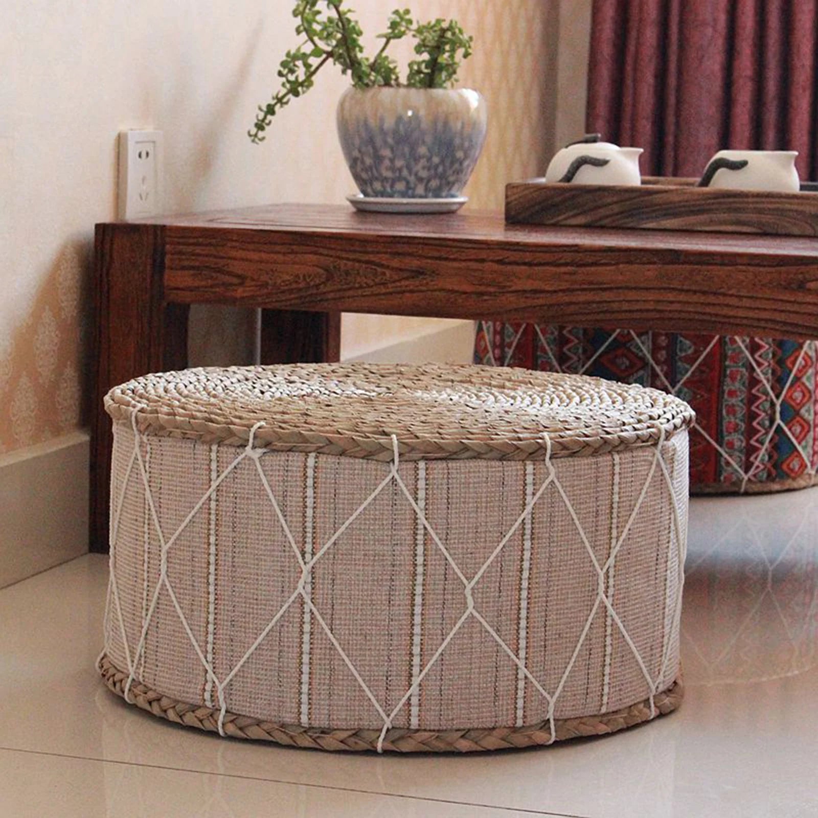 Straw Futon Floor Cushion Yoga Meditation Cushion Handcraft Ottoman Stool Floor Pouf Cushion Meditation Pouf Sofa Seat 30Cm